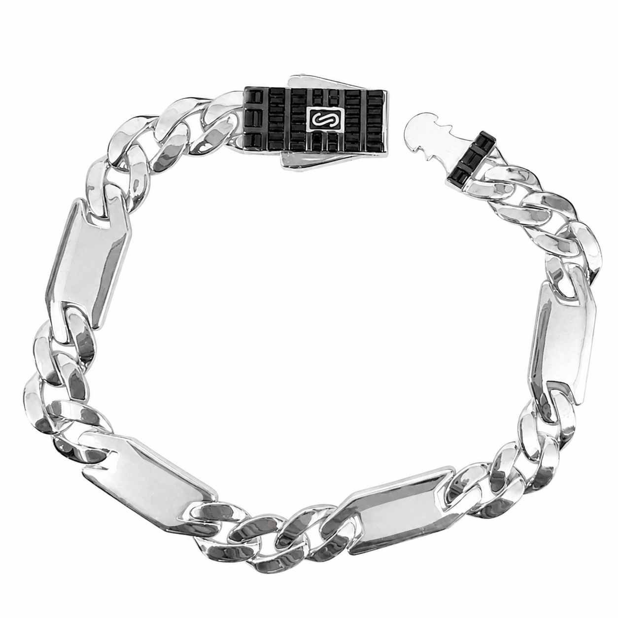 Pulso Inspirado Mónaco Macizo Cubano Liso 7mm y Placas Lisas Con Broche Circonias Negras Baguette  Plata .925 con Baño de Rodio