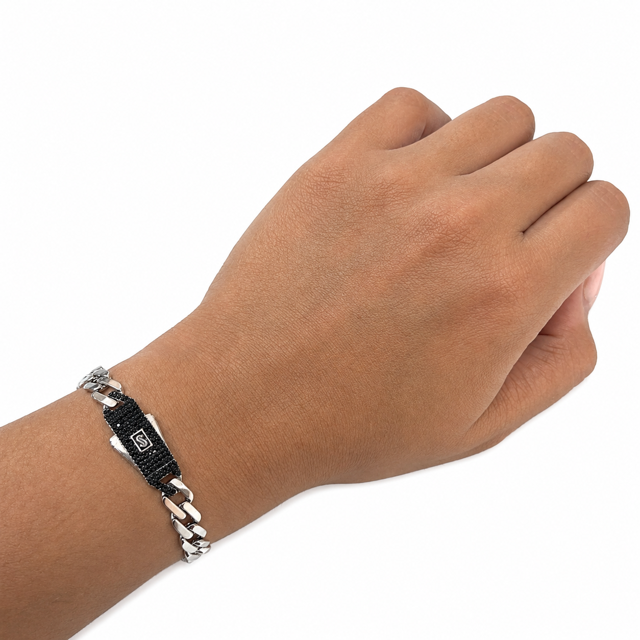 Pulso Inspirado Mónaco Macizo Cubano 7mm, Broche Circonias Negras Plata.925 con Baño de Rodio