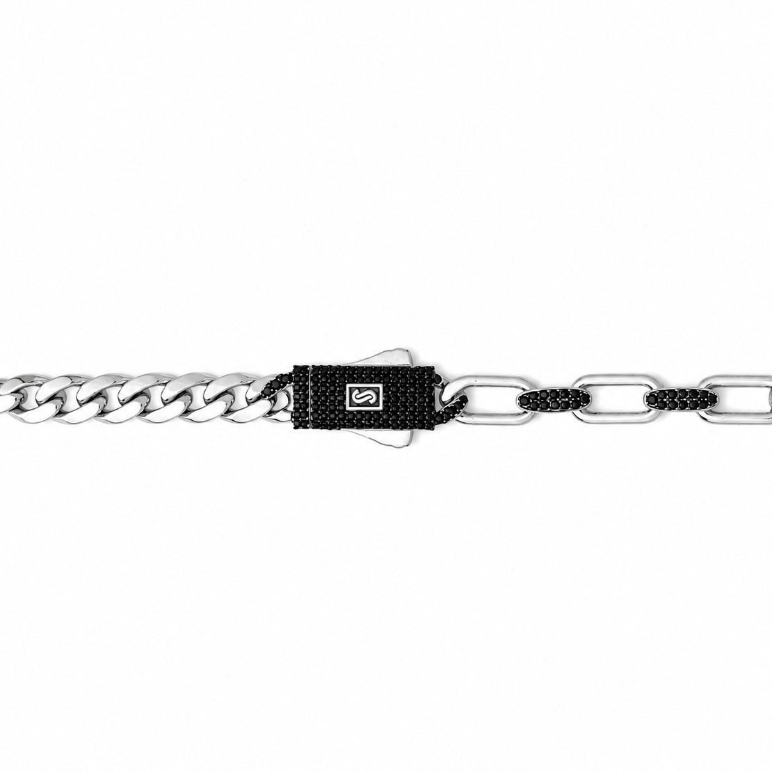 Pulso Inspirado Mónaco Macizo 5mm-6mm Mitad Cubano y Mitad Eslabón con Circonias Negras, Plata .925 con Baño de Rodio