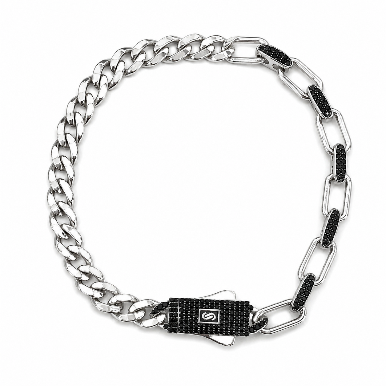 Pulso Inspirado Mónaco Macizo 5mm-6mm Mitad Cubano y Mitad Eslabón con Circonias Negras, Plata .925 con Baño de Rodio