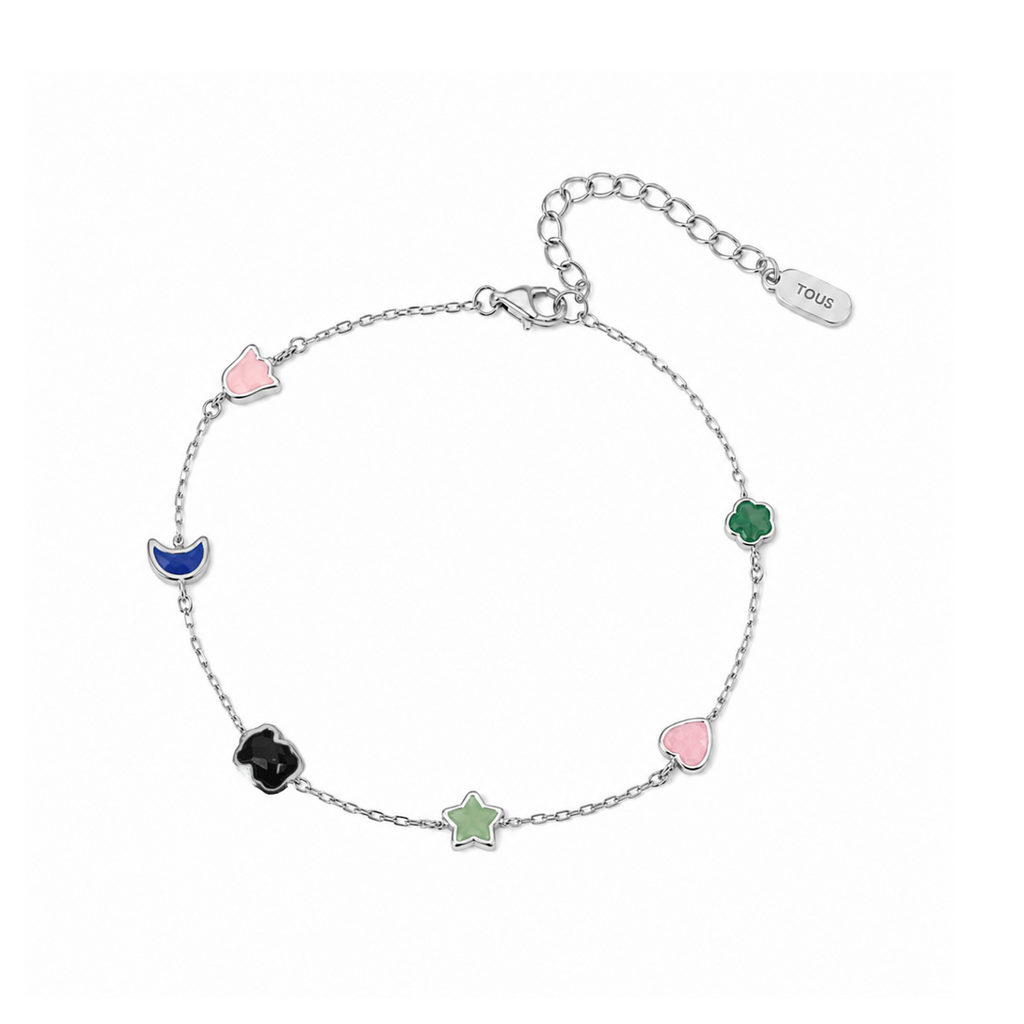 Pulsera Osos 1:1 Piedras Naturales Formas Ágata, Cuarzo Rosa, Amatista, Ónix Plata .925 con Baño de Rodio