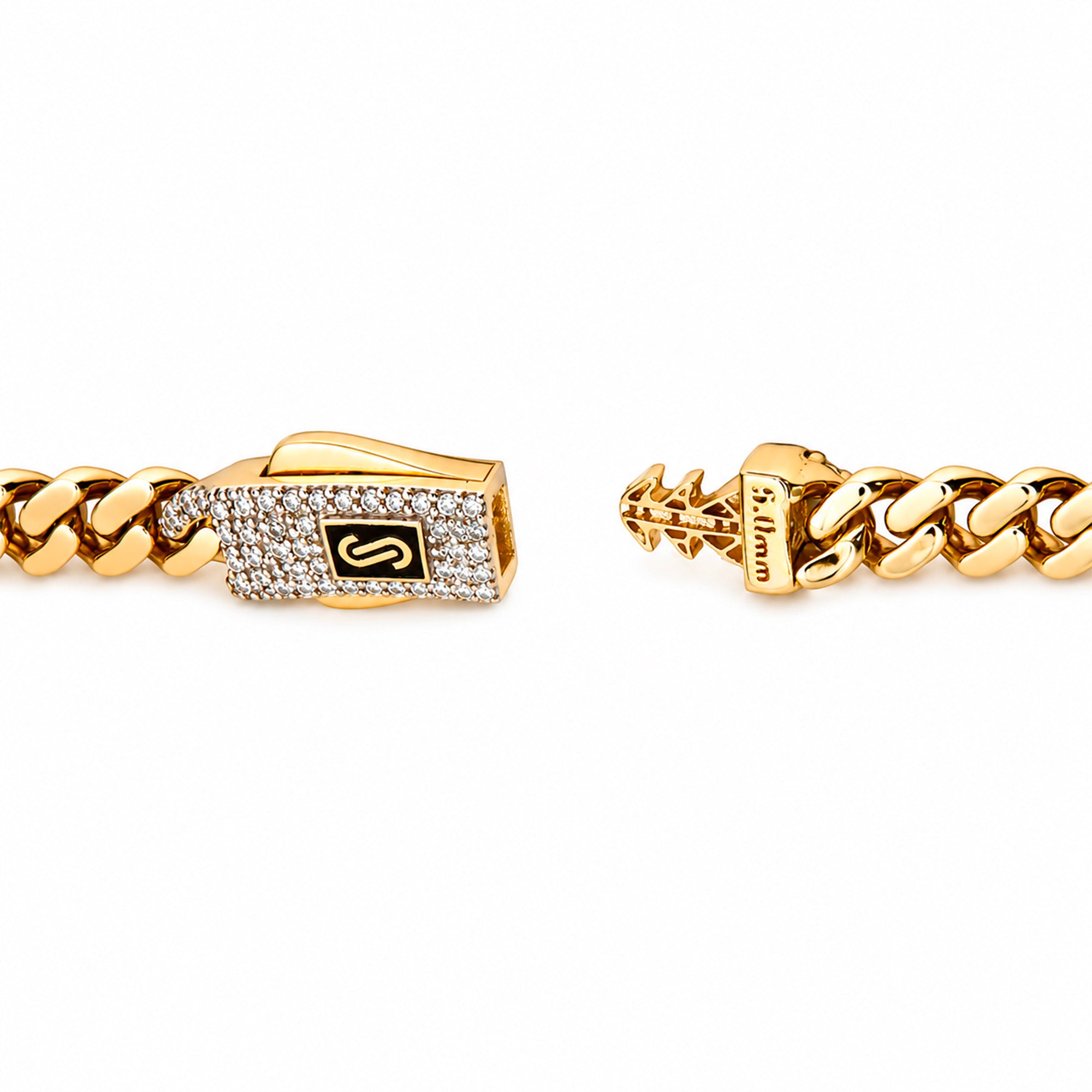 Pulsera Mónaco Chain Original Cubano con Eslabón Largo Liso, tipo Cartier 5mm, 21 cm. Broche Circonias. Oro 14k