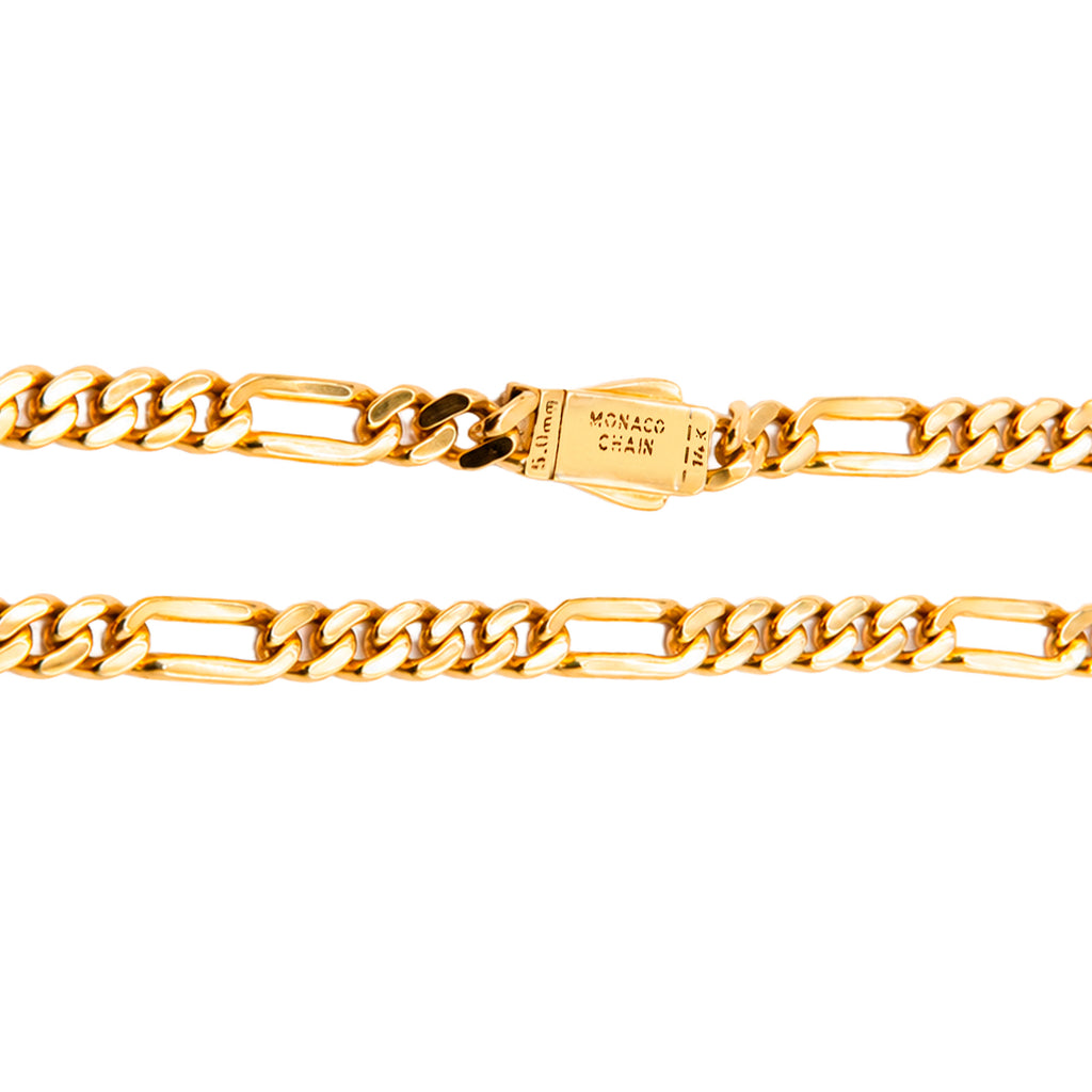 Pulsera Mónaco Chain Original Cubano con Eslabón Largo Liso, tipo Cartier 5mm, 18 cm. Broche Circonias. Oro 14k