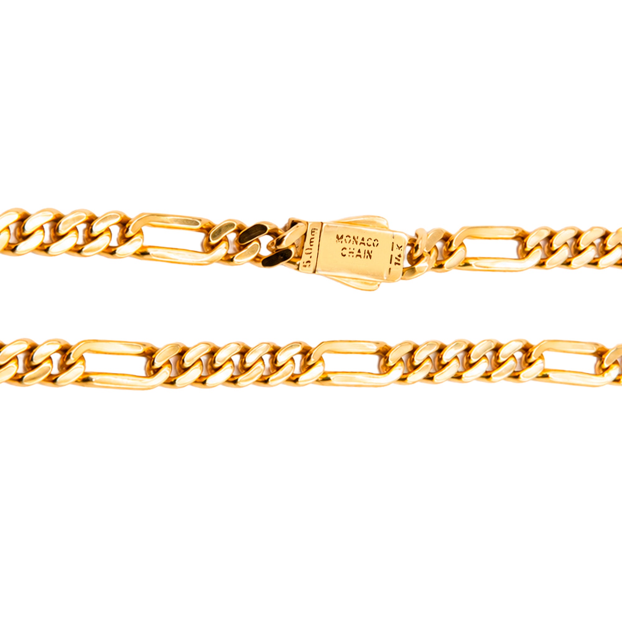 Pulsera Mónaco Chain Original Cubano con Eslabón Largo Liso, tipo Cartier 5mm, 21 cm. Broche Circonias. Oro 14k