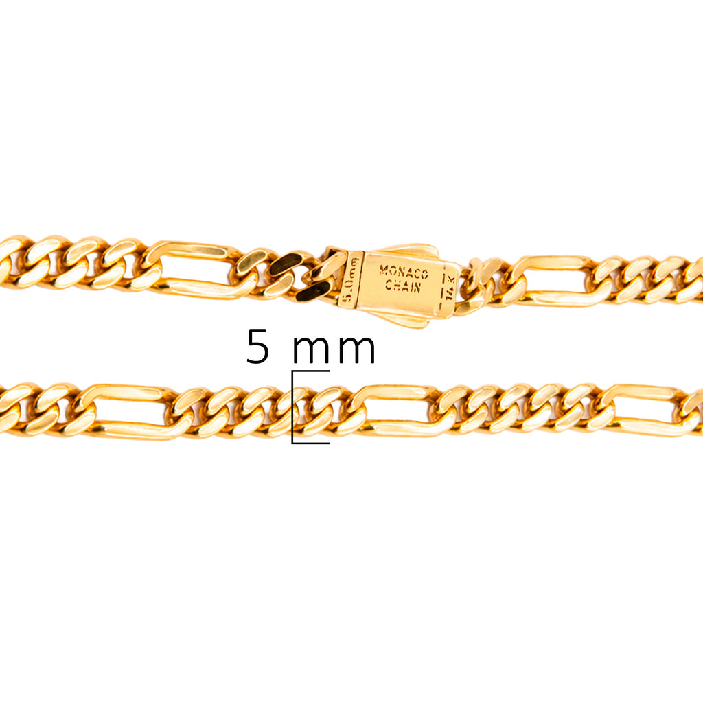 Pulsera Mónaco Chain Original Cubano con Eslabón Largo Liso, tipo Cartier 5mm, 18 cm. Broche Circonias. Oro 14k