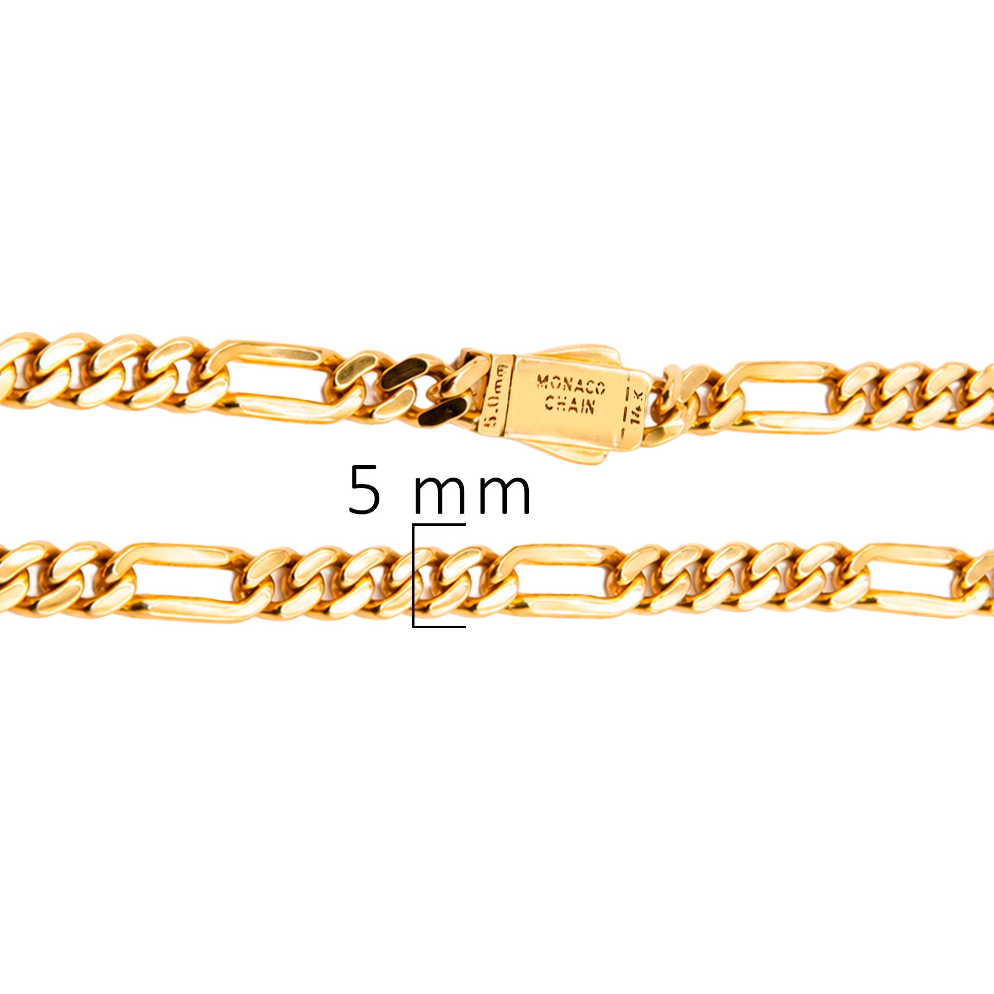 Pulsera Mónaco Chain Original Cubano con Eslabón Largo Liso, tipo Cartier 5mm, 21 cm. Broche Circonias. Oro 14k