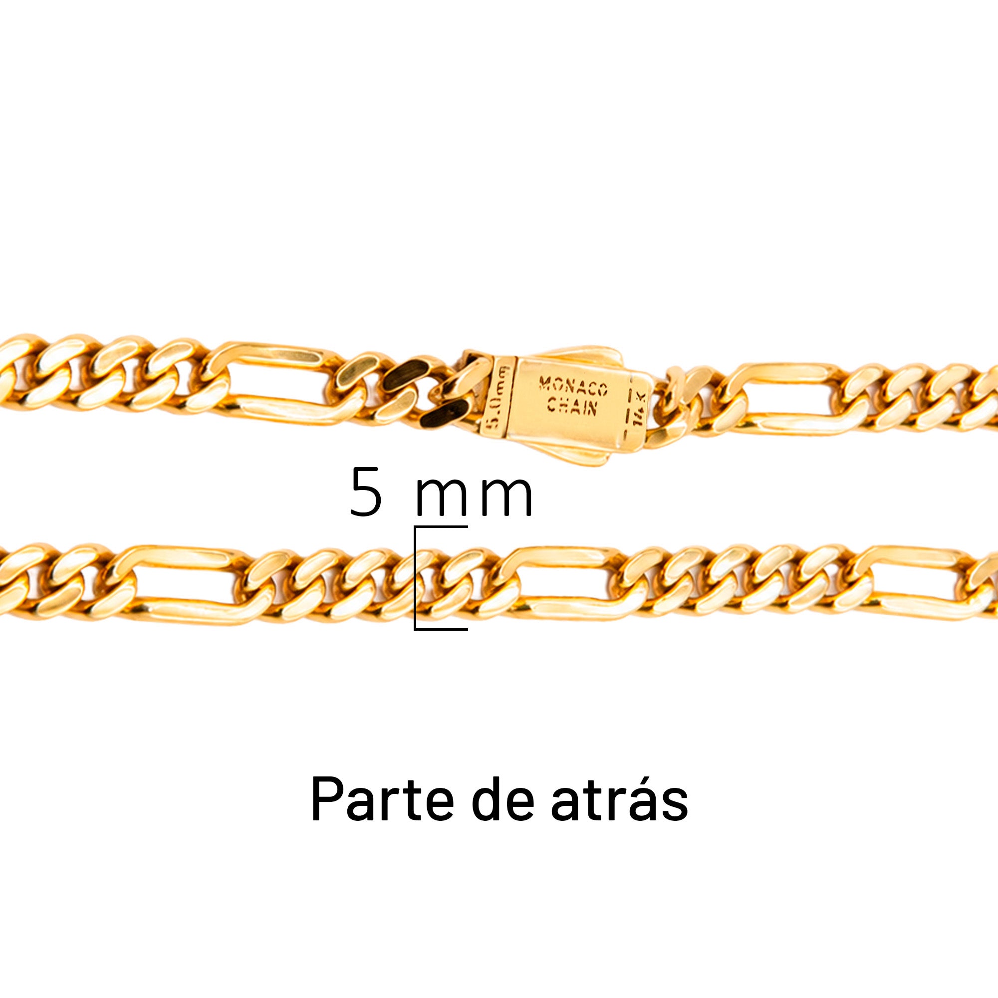 Pulsera Mónaco Chain Original Cubano con Eslabón Largo Liso, tipo Cartier 5mm, 20 cm. Broche Circonias. Oro 14k