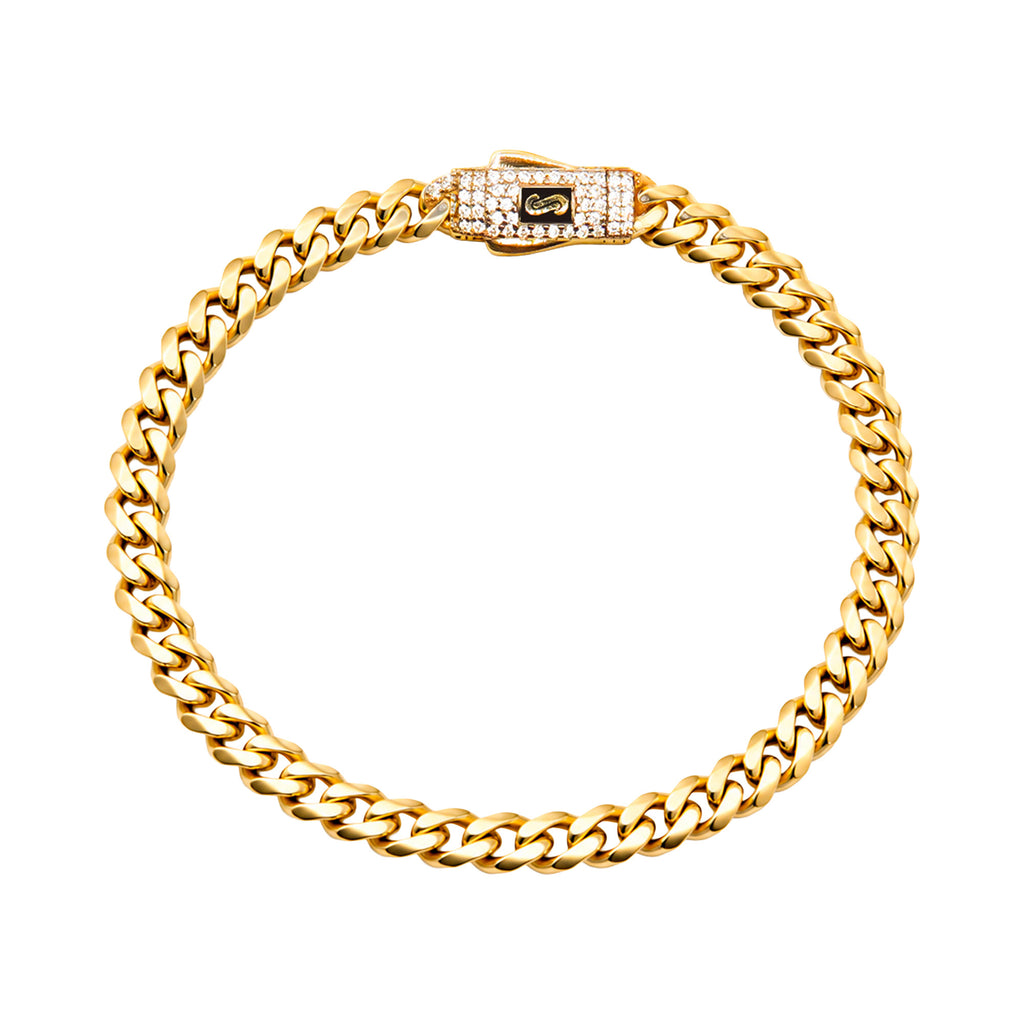 Pulsera Mónaco Chain Original Cubana Lisa 5mm 18 cm. Broche Circonias Oro 14K