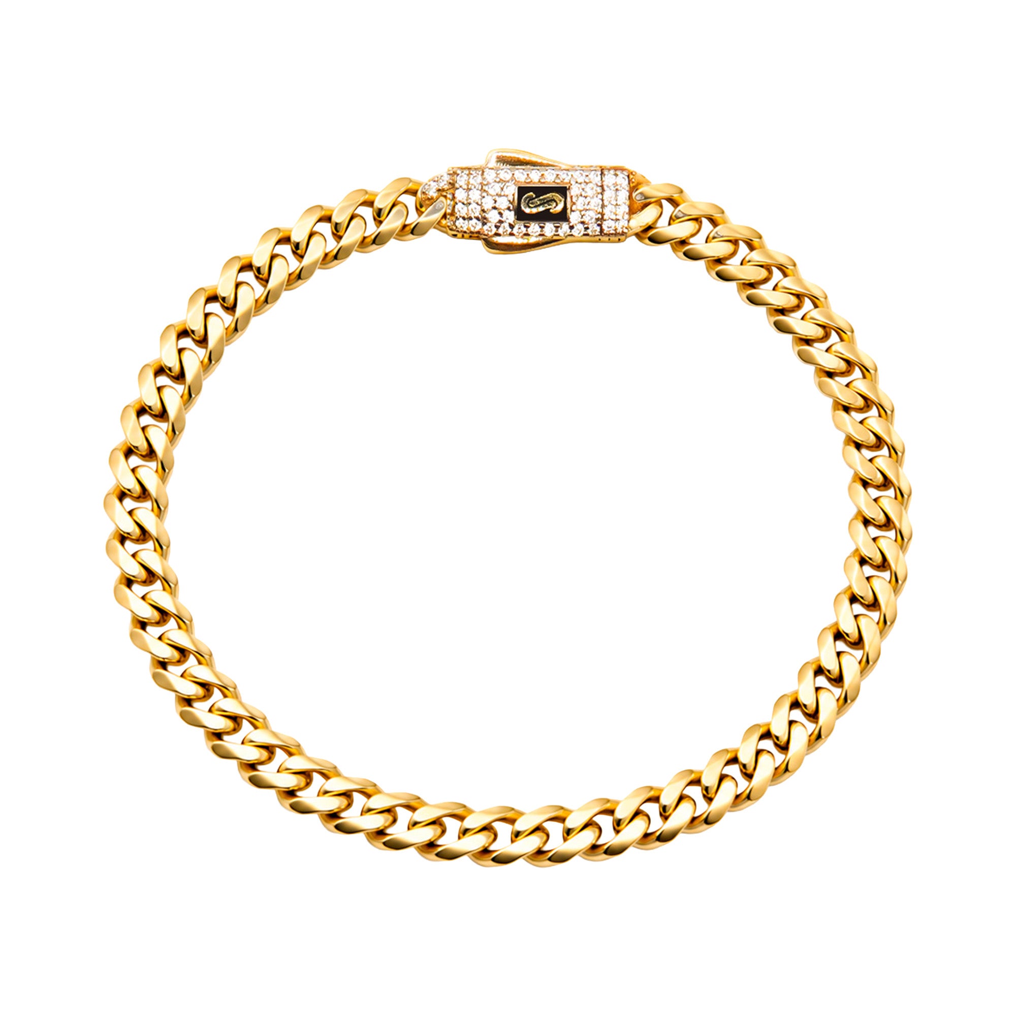 Pulsera Mónaco Chain Original Cubana Lisa 5mm 20 cm. Broche Circonias Oro 14K