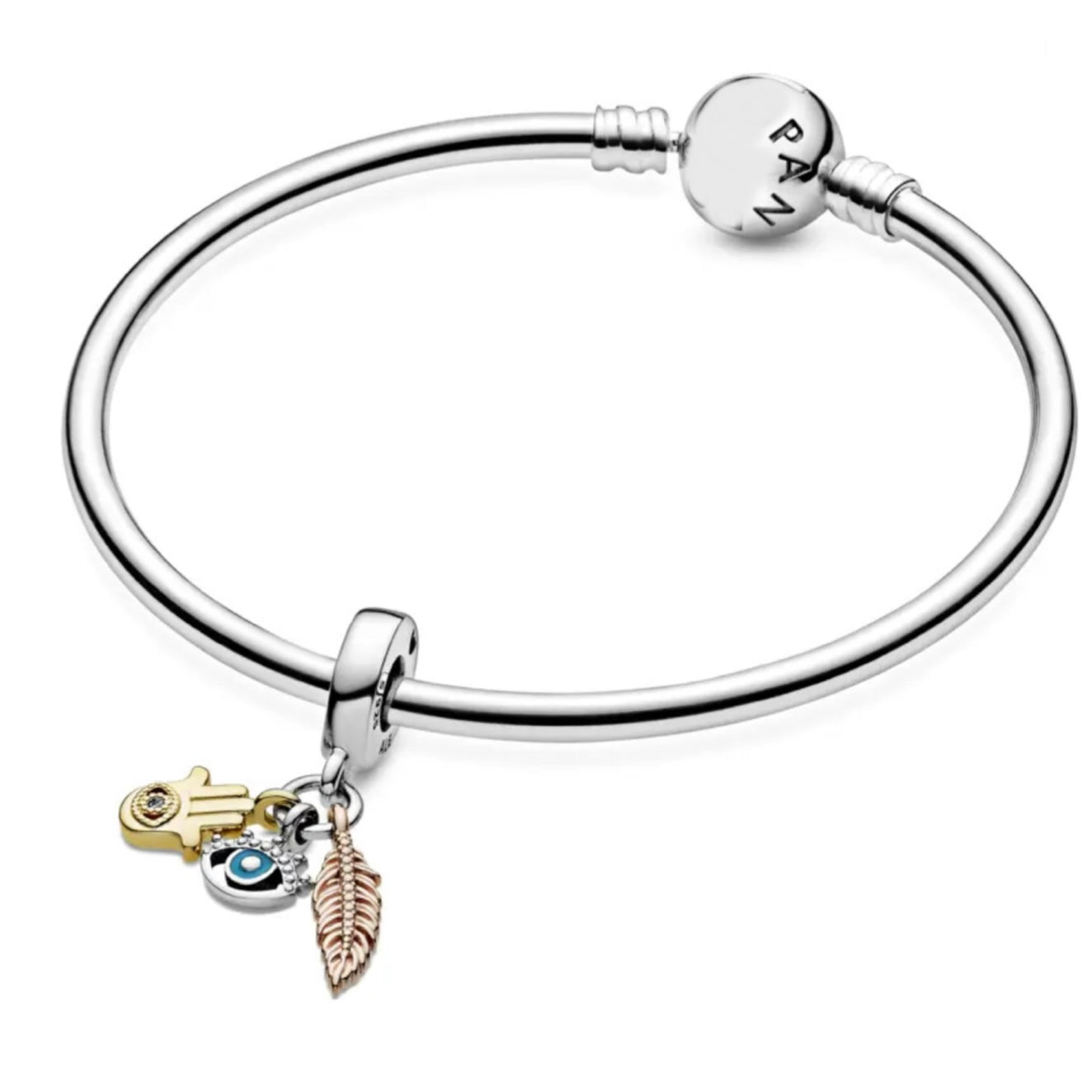 Charm Inspirado Pan 1:1 Mano de Fatima Dorada, Pluma y Ojo Turco, Plata .925