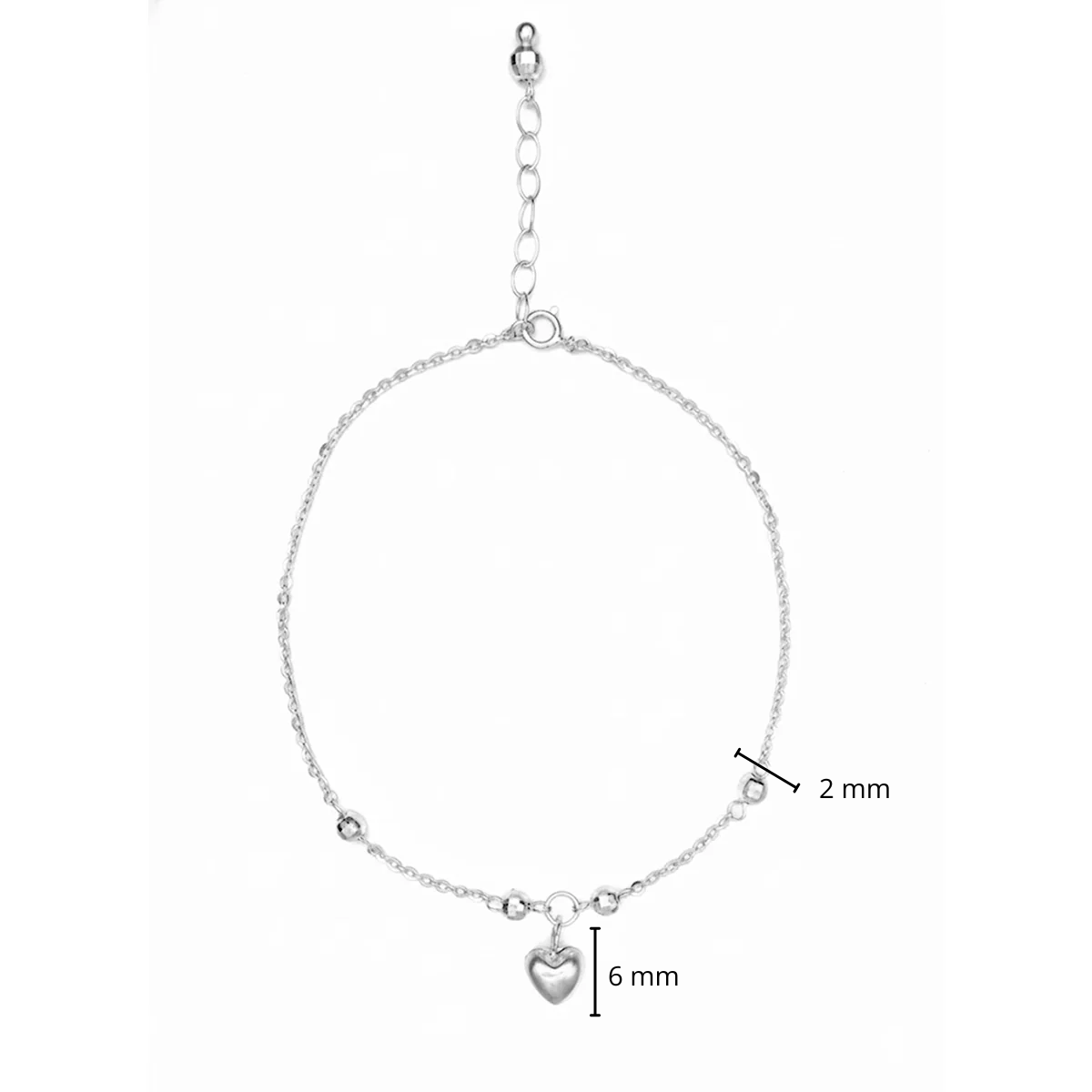 Tobillera Dije de Corazón Bombeado con Bolitas Diamantadas y Cadena Eslabones Plata .925