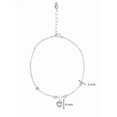 Tobillera Dije de Corazón Bombeado con Bolitas Diamantadas y Cadena Eslabones Plata .925