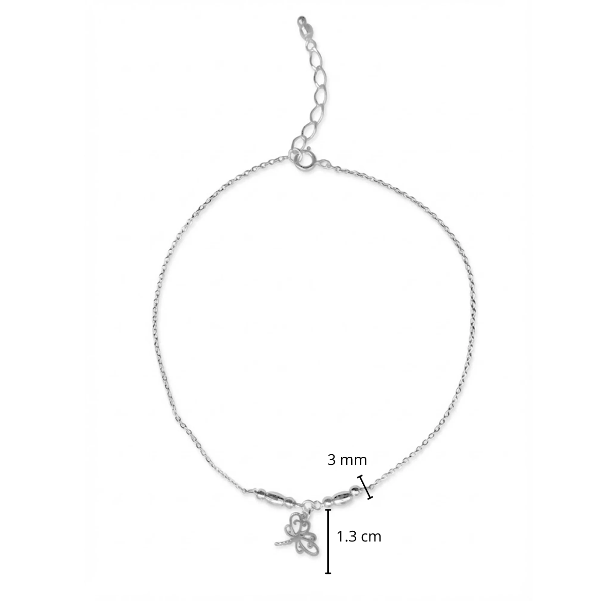 Tobillera Dije de Libélula con Bolita Diamantada y Cadena Eslabones Plata .925