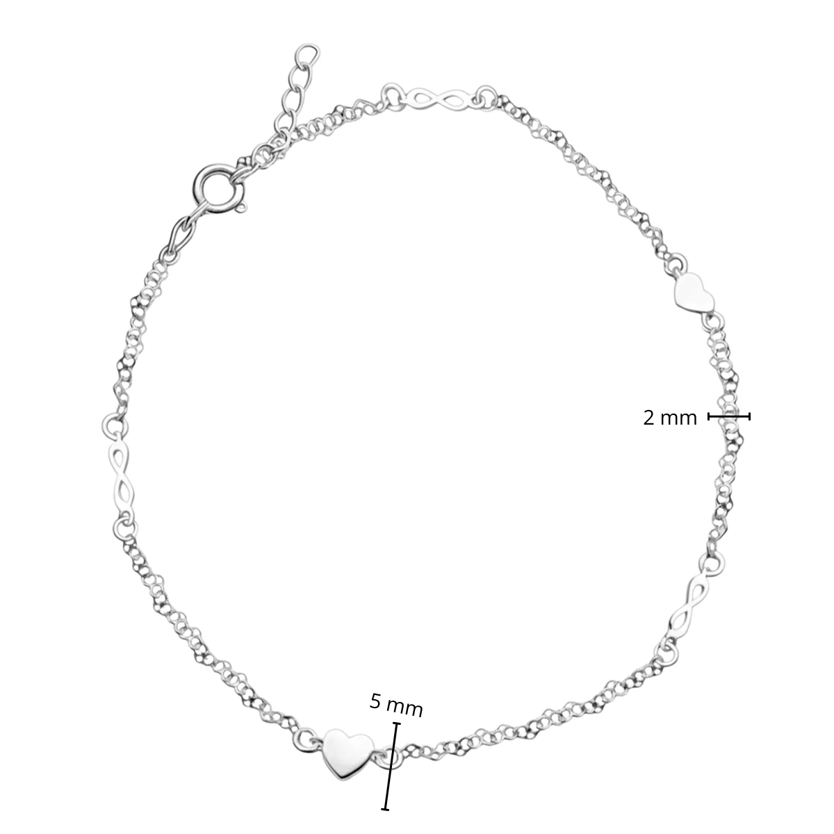 Tobillera Corazón con Infinitos y Cadena de Corazones Plata .925
