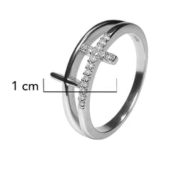 Anillo Doble Cruz Lisa Y Micro Circonias Plata .925 Con Baño De Rodio