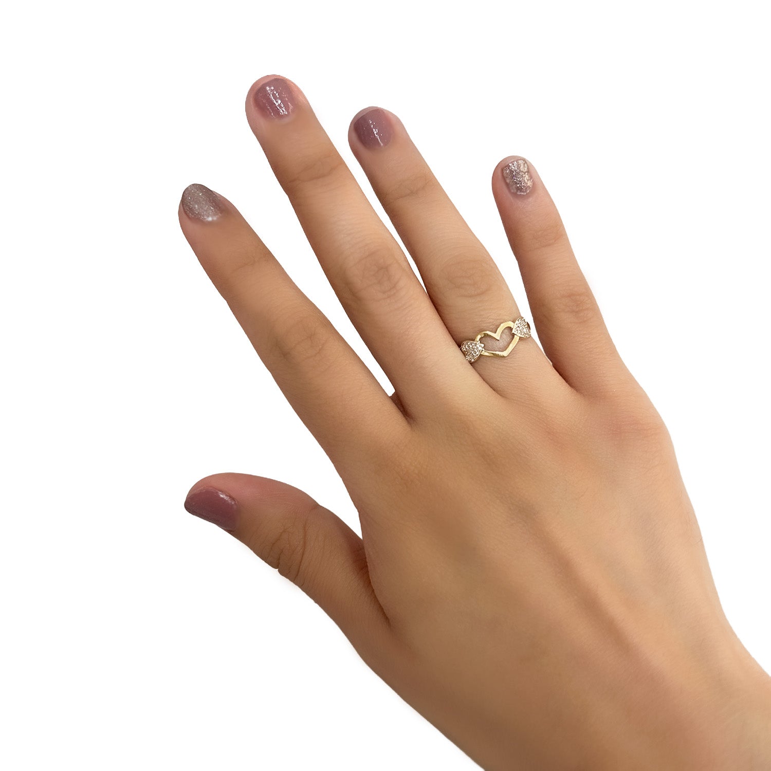 Anillo Corazón Maxi y Dos Corazones con Circonias Oro 10K
