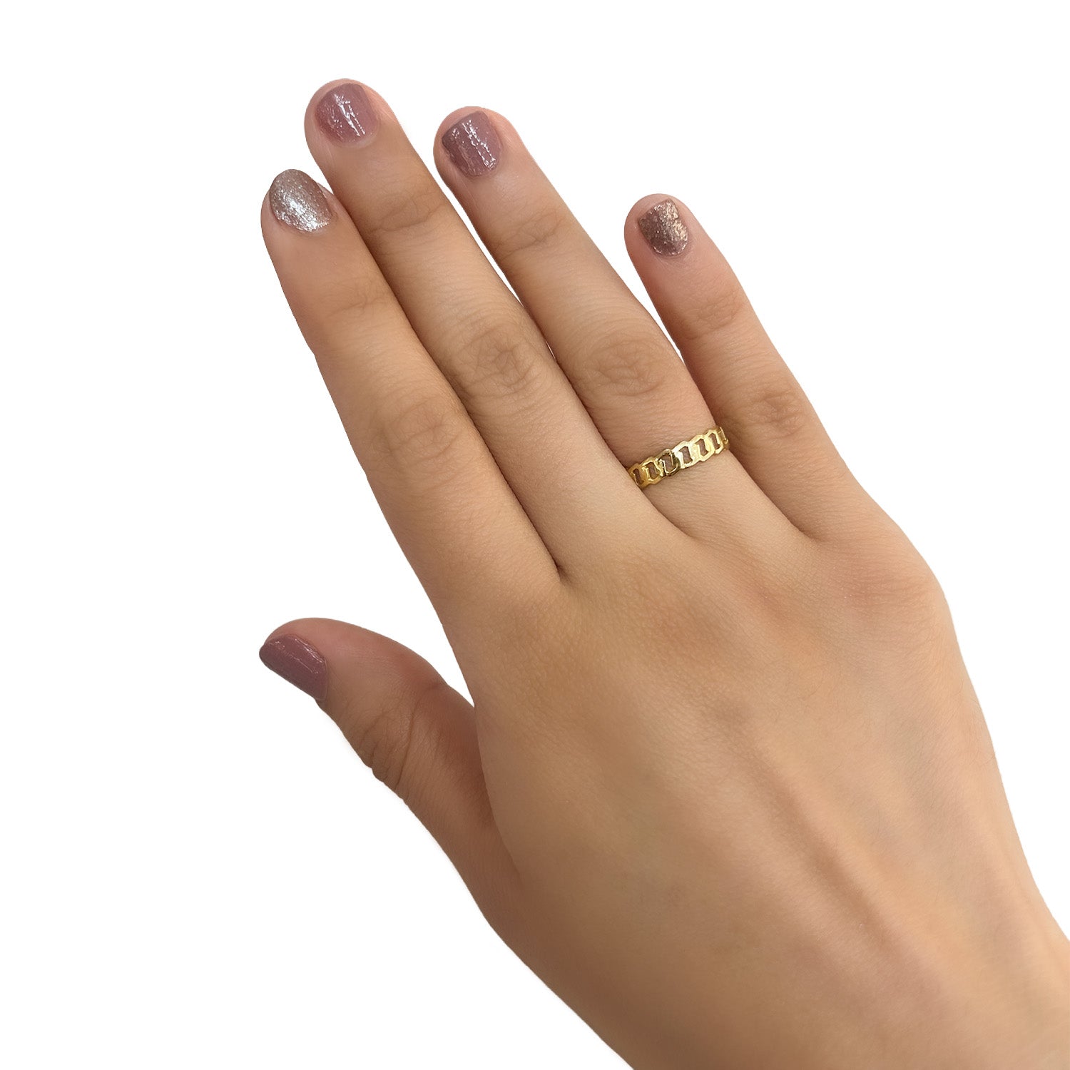 Anillo Eslabones Hexágonos Liso Oro 10K