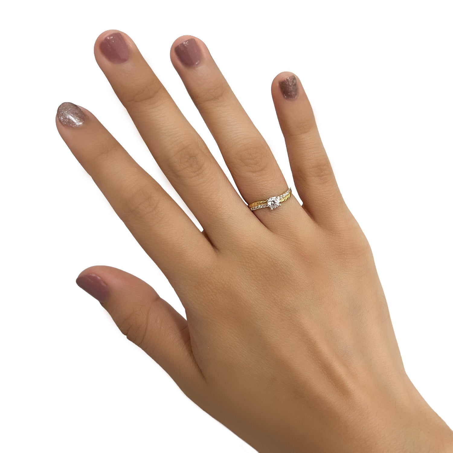 Anillo Solitario con Linea Cruzada de Micro Circonias Oro 10K