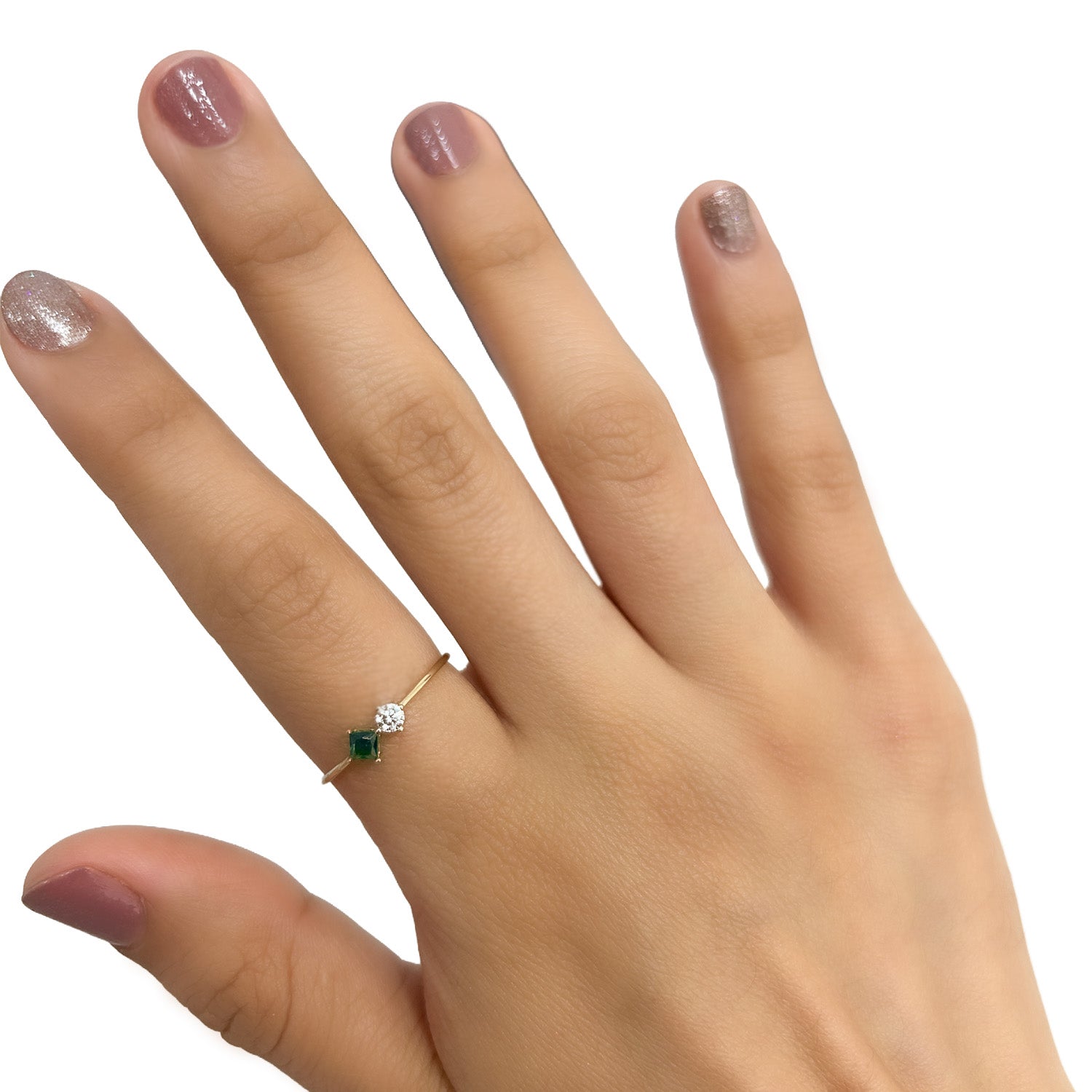 Anillo Doble Circonia Verde Cuadrada y Blanca Oro 10K