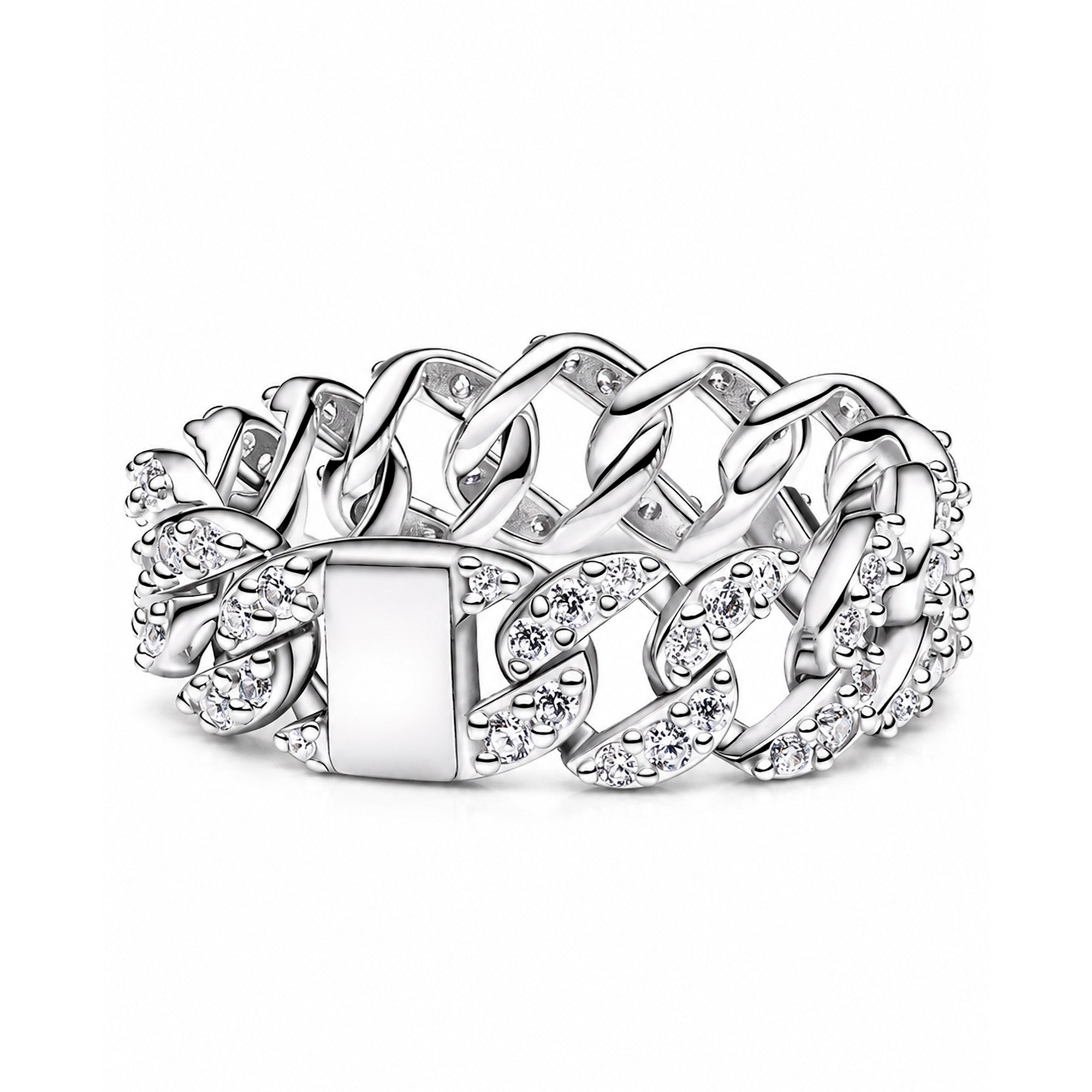 Anillo Inspirado Pan 1.1 Cadena Cubana con Circonias Plata .925