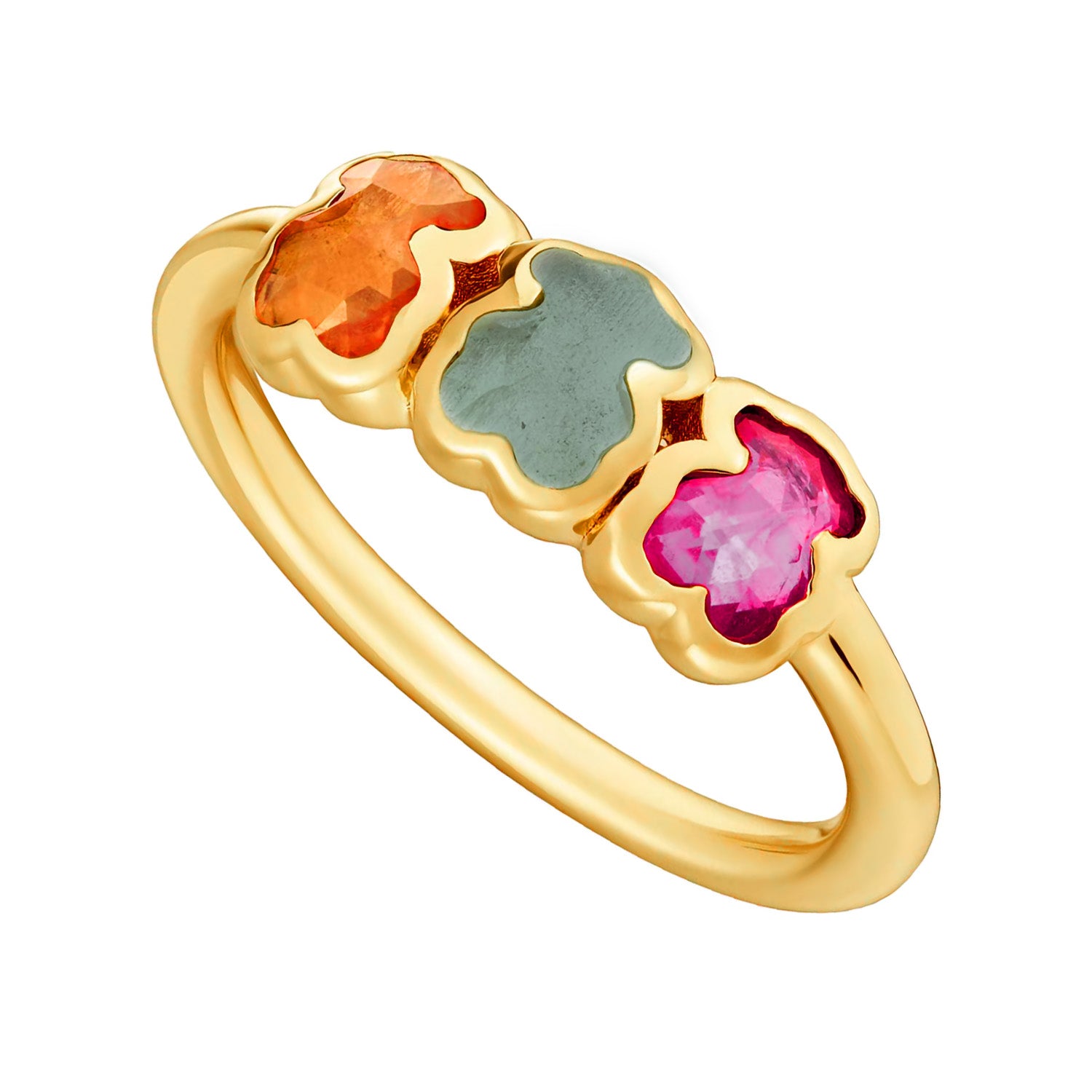 Anillo Triple Osos 1:1 Piedras Naturales Ágata Y Madre Perla Plata .925 Con Baño De Oro