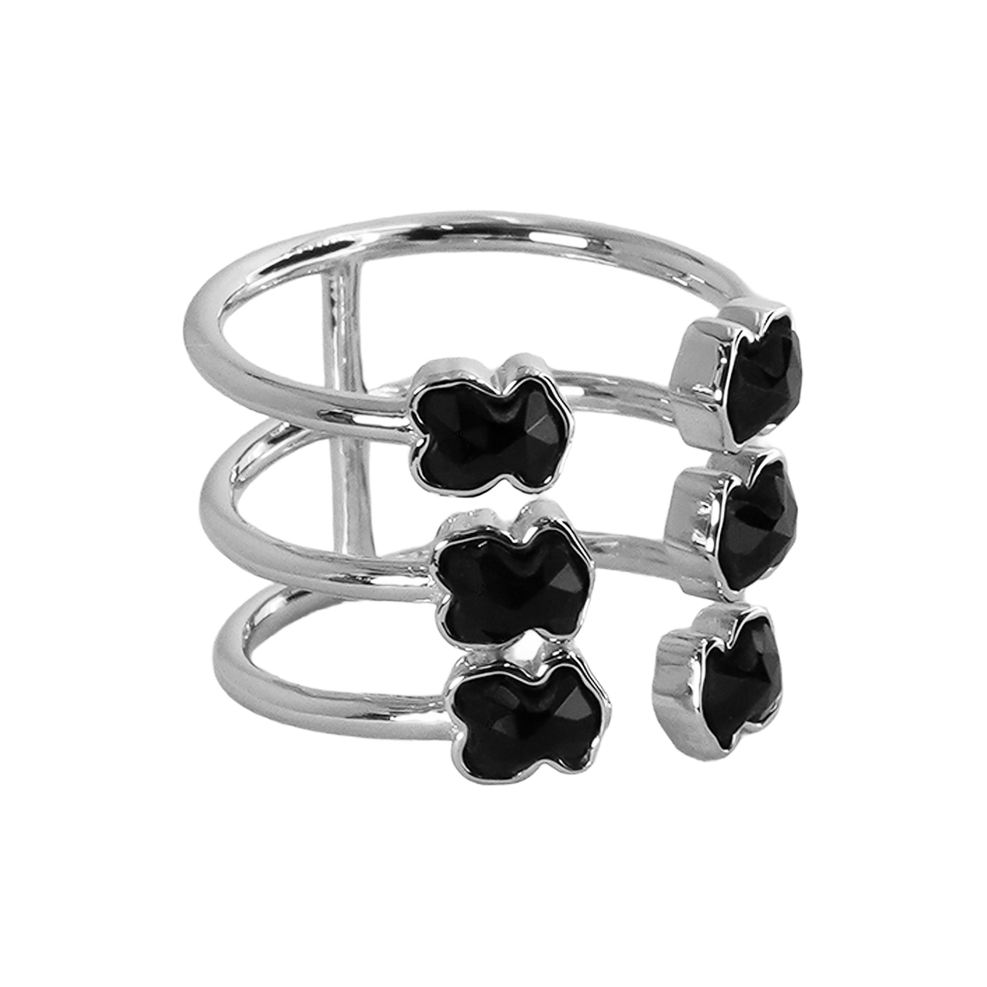 Anillo Inspirado 6 Osos 1:1 Onix Facetado Plata .925 Con Baño De Rodio