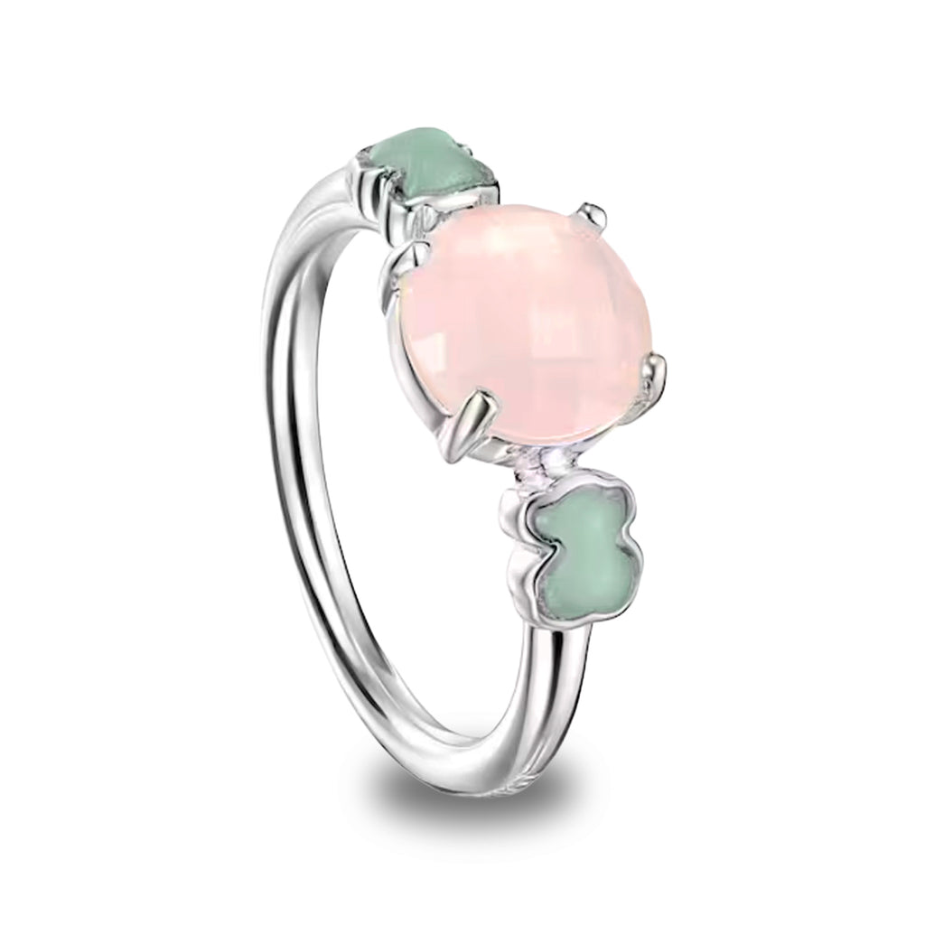 Anillo Osos 1:1 Cuarzo Rosa Facetado y Amazonita Plata .925 con Baño de Rodio