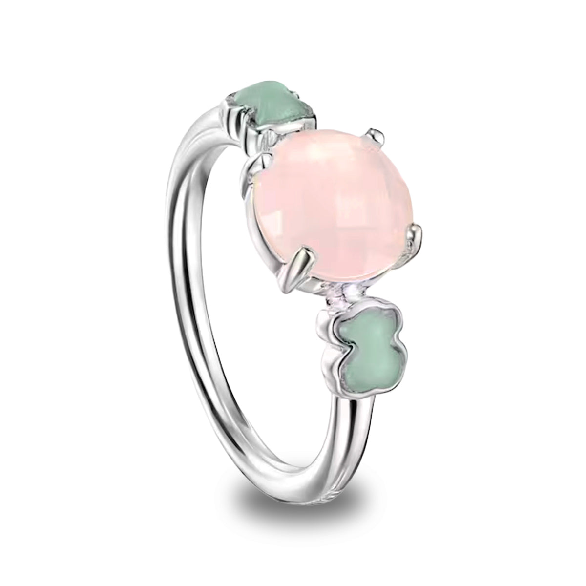 Anillo Osos 1:1 Cuarzo Rosa Facetado Y Amazonita Plata .925 Con Baño De Rodio