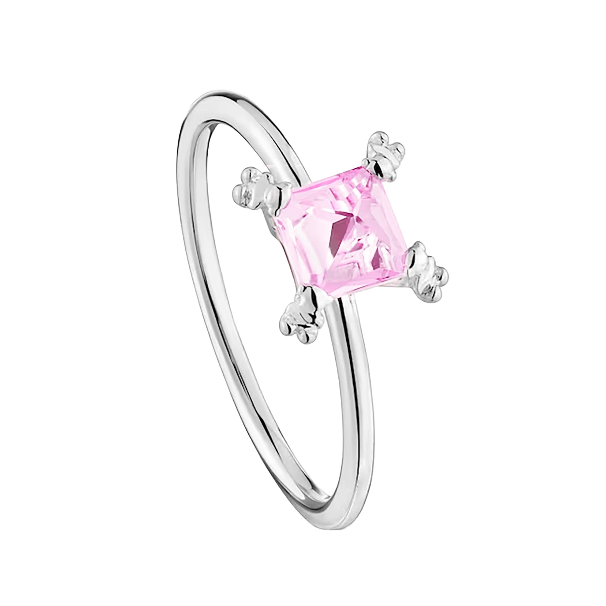 Anillo Osos 1:1 Circonia Cuadrada Rosa Plata .925 con Baño de Rodio