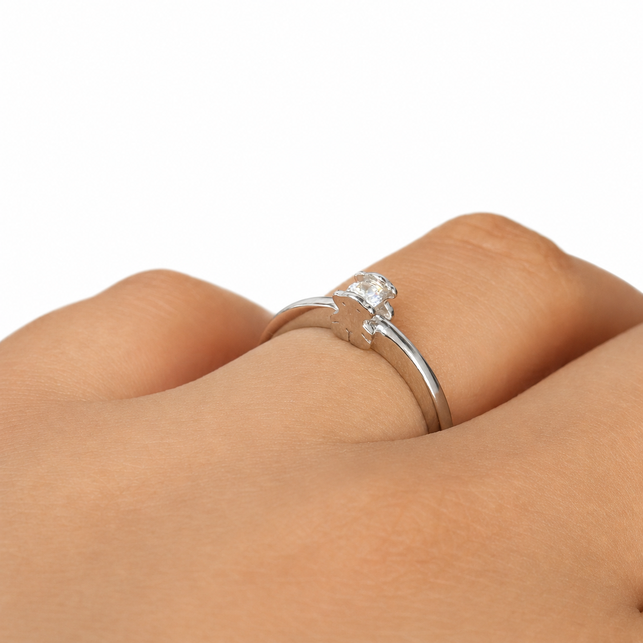 Anillo Osos 1:1 Solitario Con Circonia Incrustada Entre Dos Osos Plata .925 Con Baño De Rodio