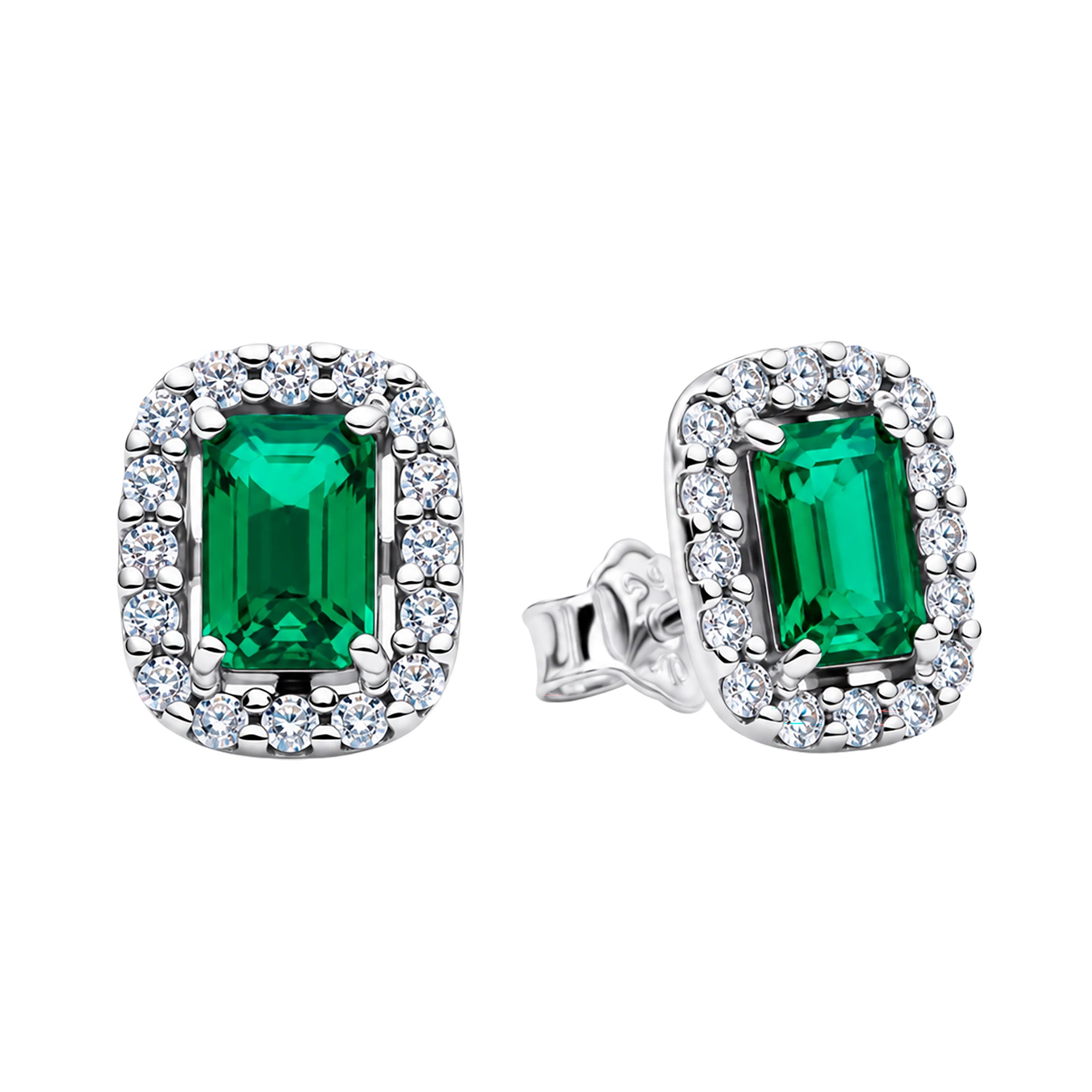 Arete Broquel Pan 1:1 Circonia Rectangular Verde con Micro Circonias Plata .925