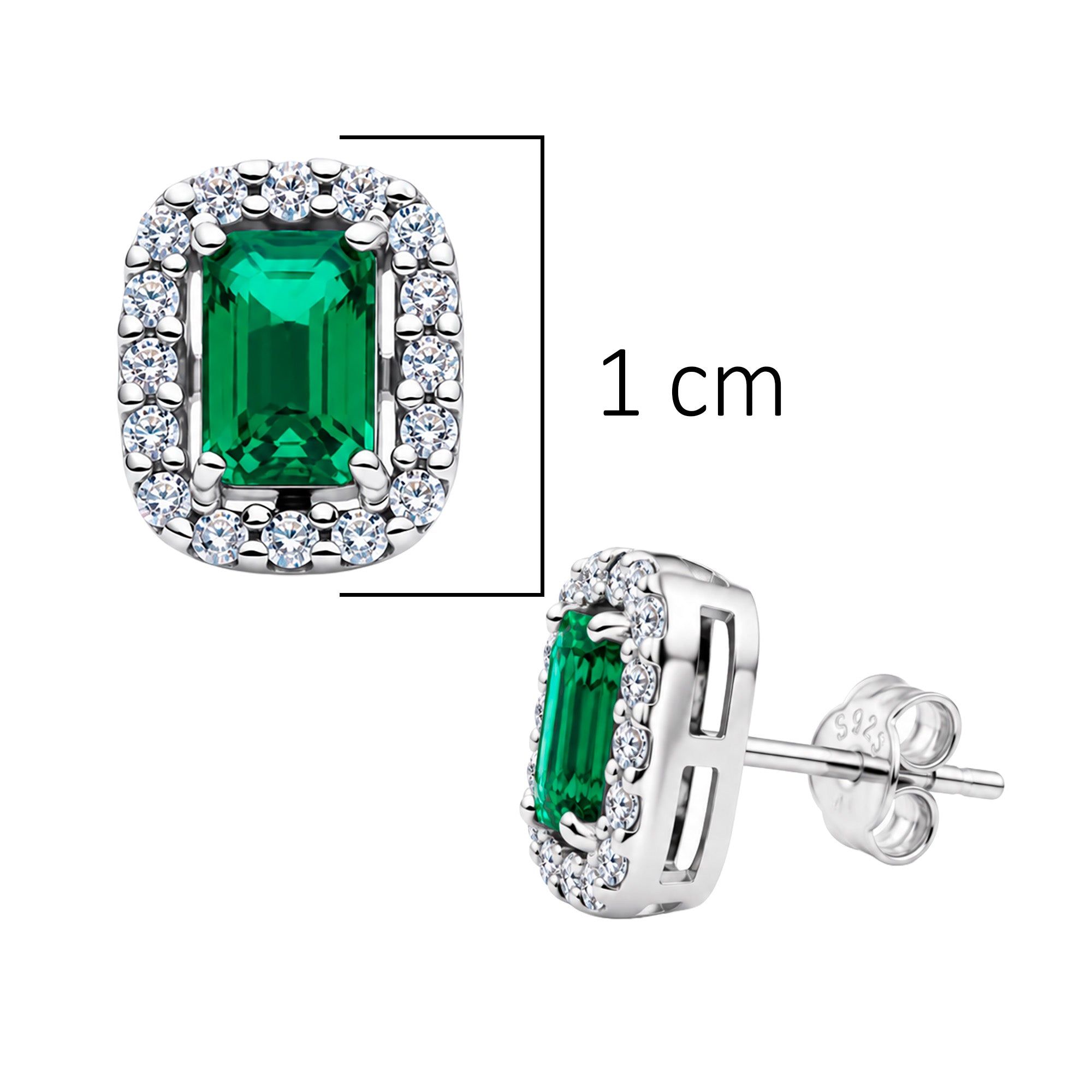 Arete Broquel Pan 1:1 Circonia Rectangular Verde con Micro Circonias Plata .925