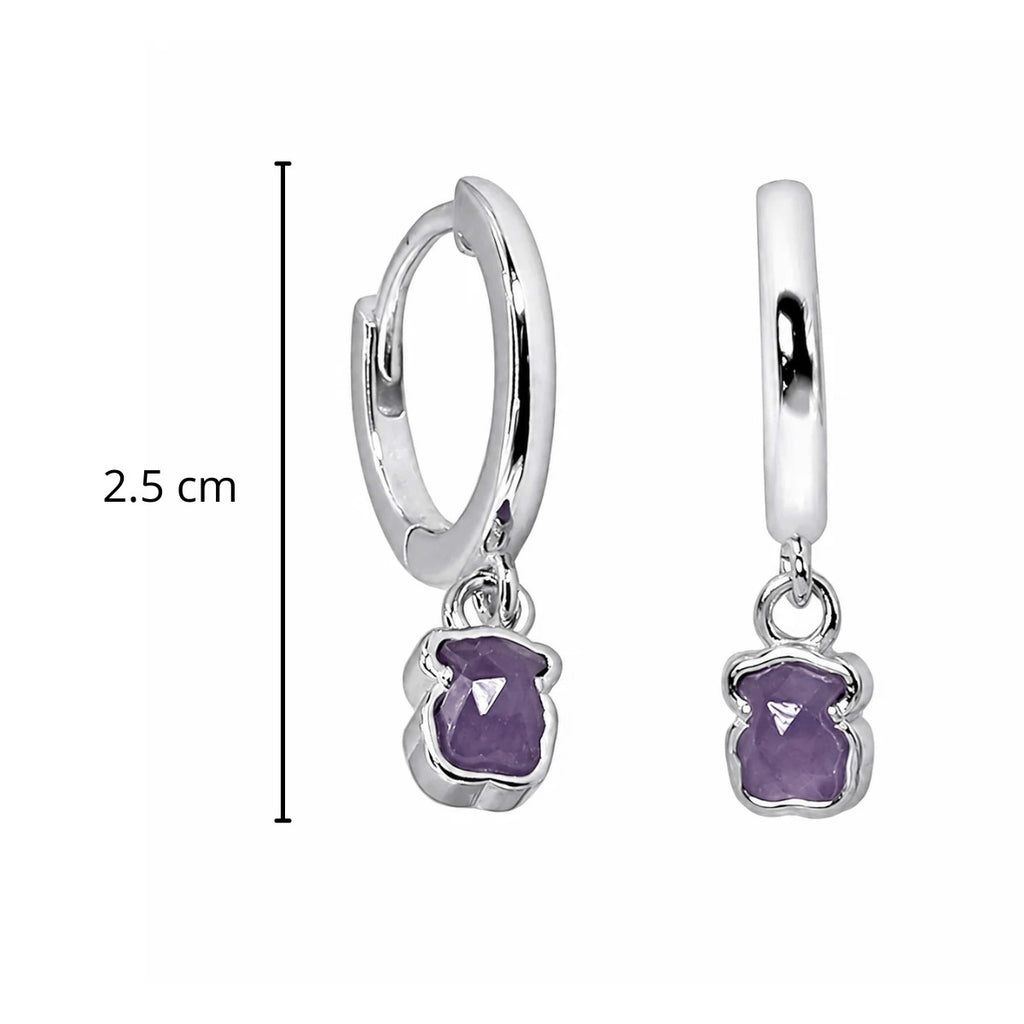 Arracada Huggie Inspirado Oso 1:1 con Amatista Plata .925 con Baño de Rodio