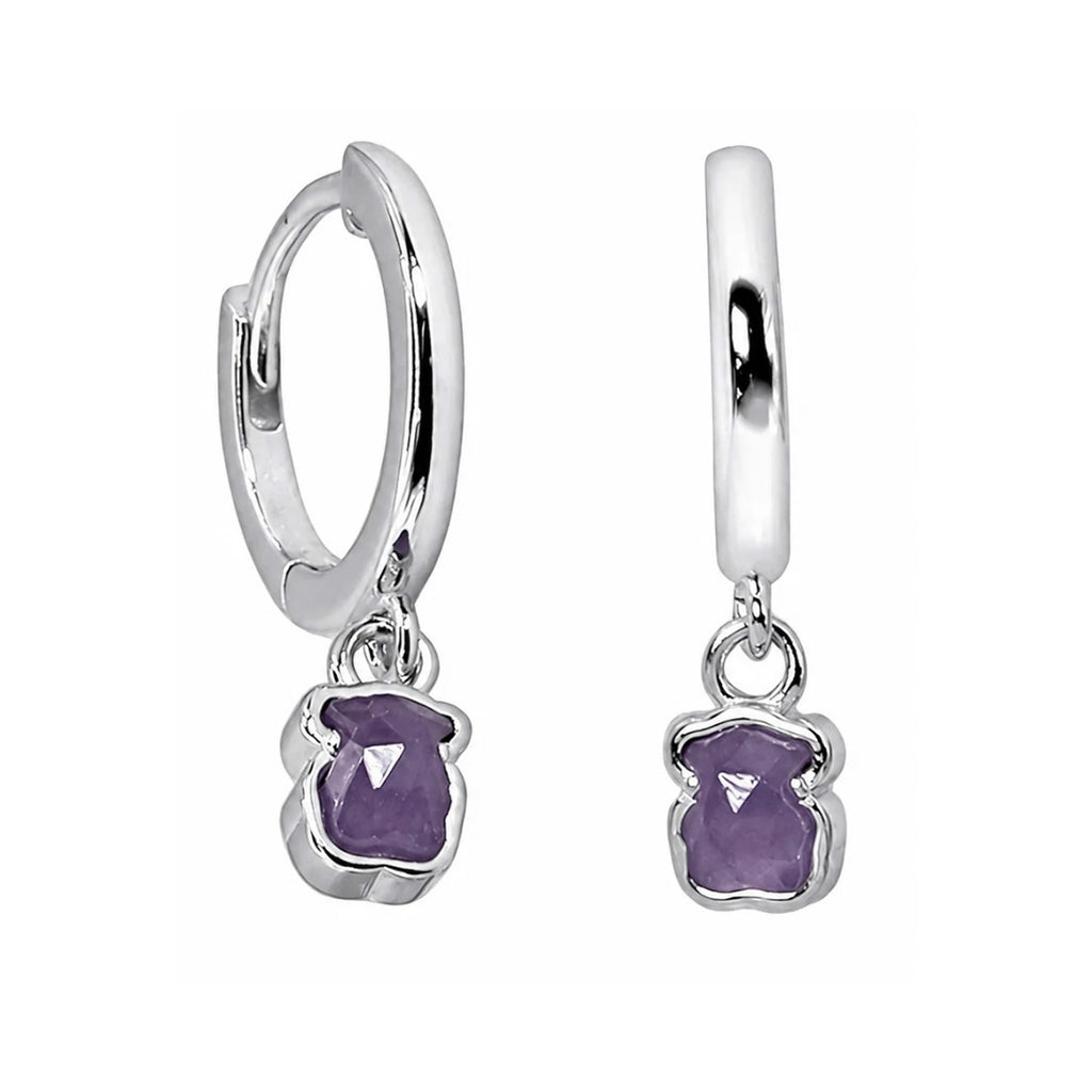 Arracada Huggie Inspirado Oso 1:1 con Amatista Plata .925 con Baño de Rodio