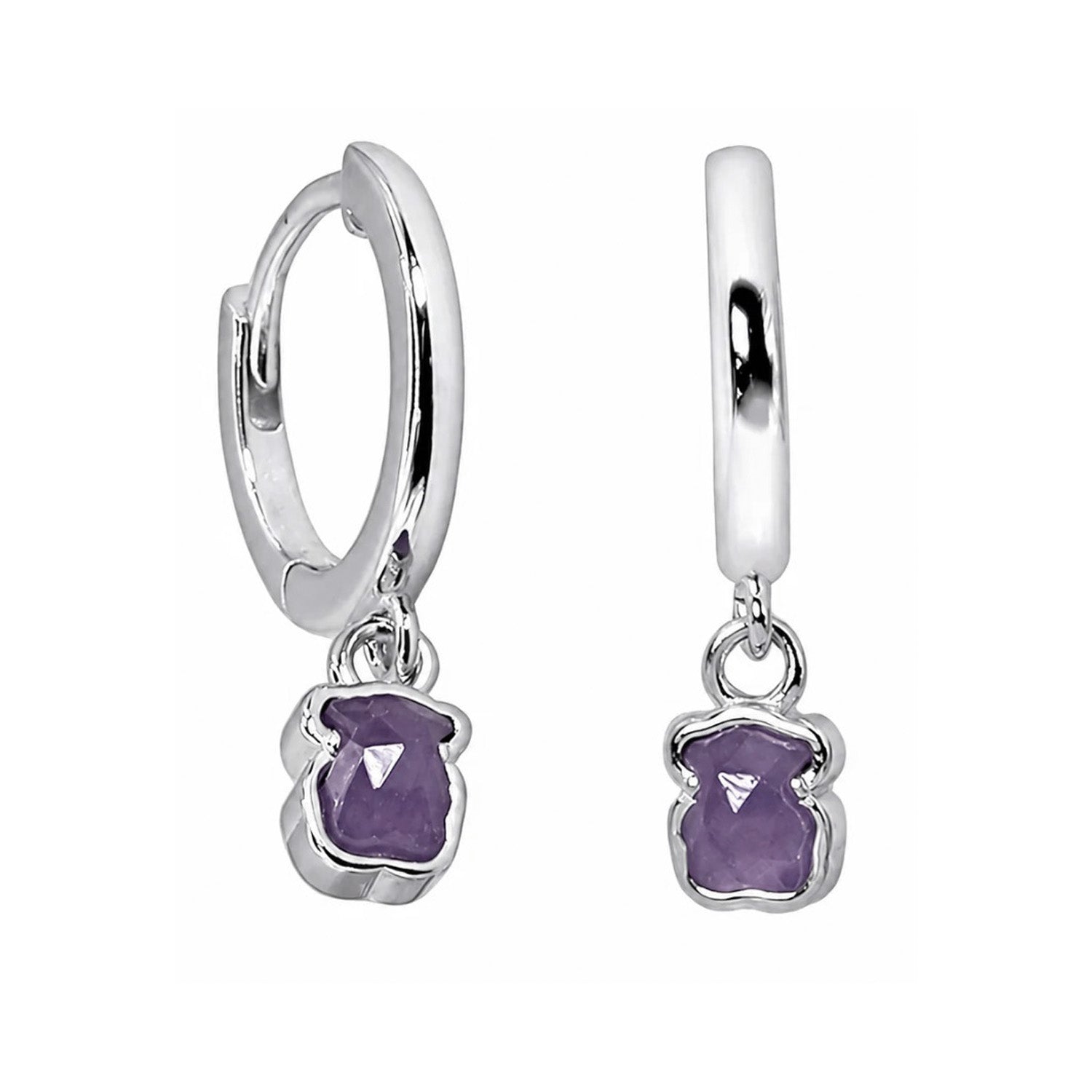 Arracada Huggie Inspirado Oso 1:1 con Amatista Plata .925 con Baño de Rodio