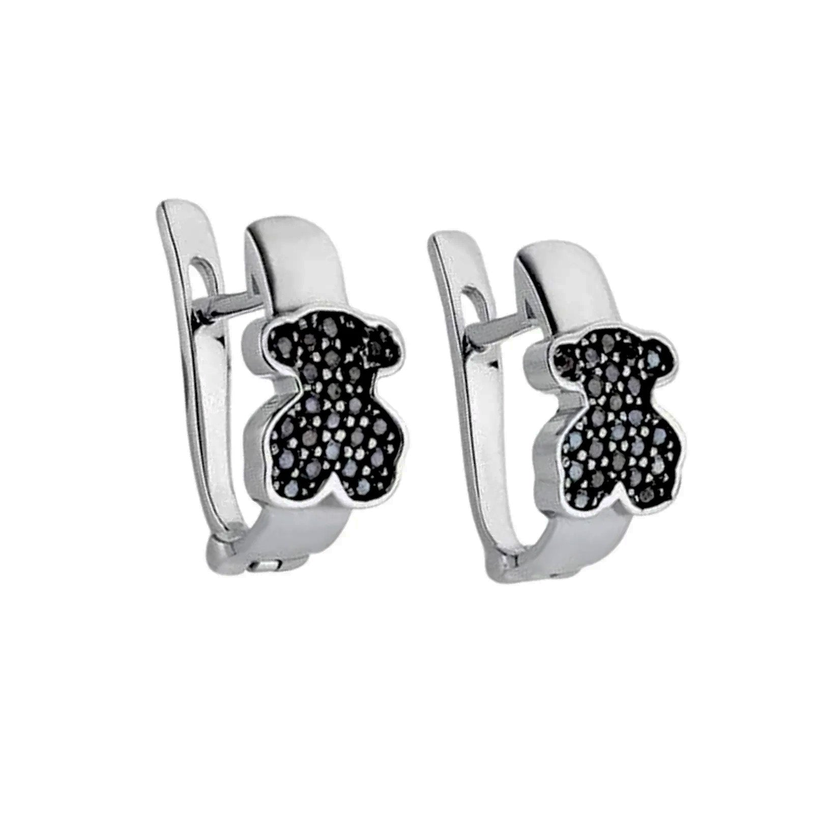 Arracada Huggies Inspirado Oso Circonia Negra Plata .925 con Baño de Rodio