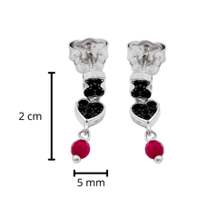 Arete Oso 1.1 Con Corazón Circonias Negras Y Ágata Rosa, Plata 925 Con Baño De Rodio