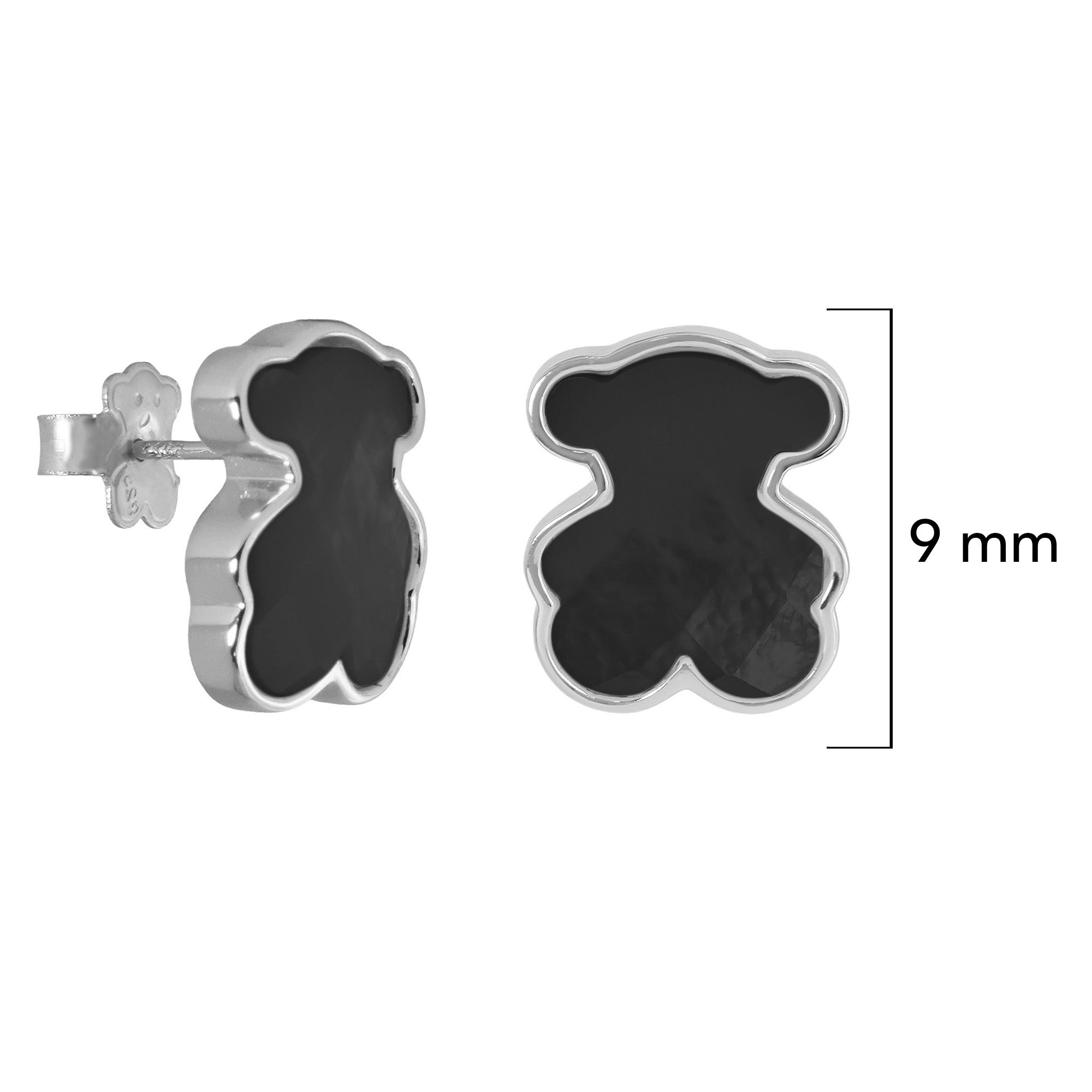 Arete Broquel Inspirado Osos 1.1 Onix Facetado Plata .925 con Baño de Rodio