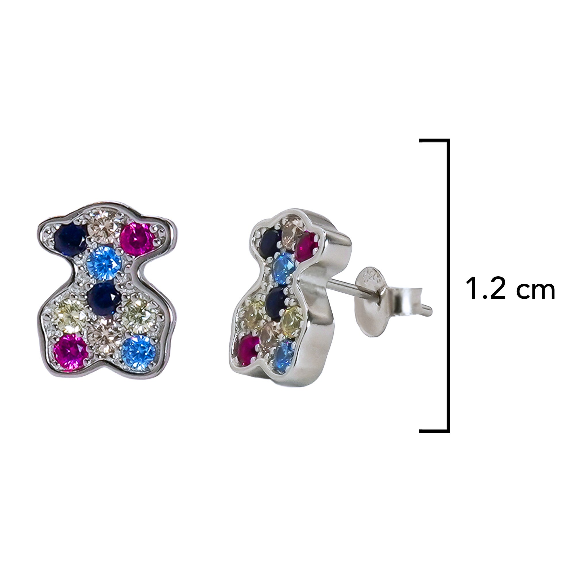 Broquel Inspirado Osos 1:1 Circonias de Colores Plata .925 con Baño de Rodio