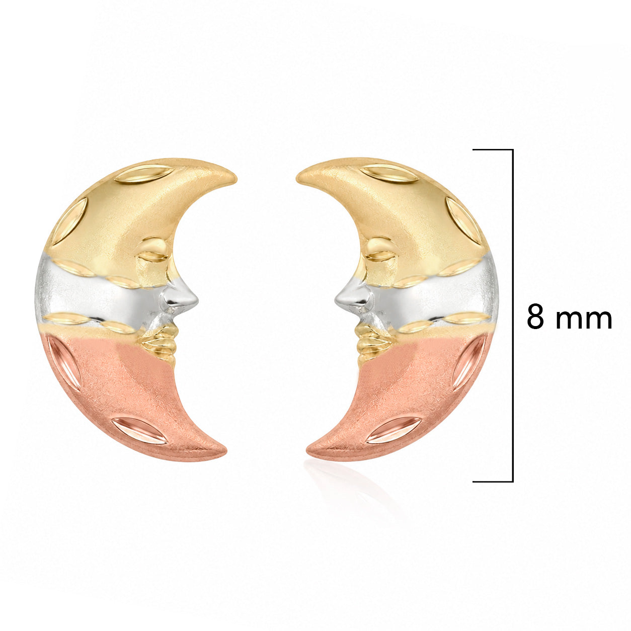 Broquel Arete Luna con Cara Arenada Oro Florentino: Dorado, Rosa y Plateado, Oro 10k con Bolita