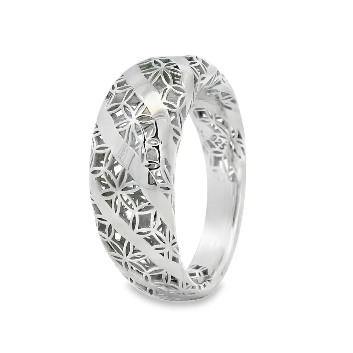 Anillo Filigrana Flores y Lineas Coleccion Esencia Plata .925 con Baño de Rodio