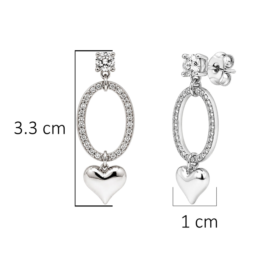 Aretes Corazones Lisos con Circonias Latido de Plata, Plata .925 con Baño de Rodio