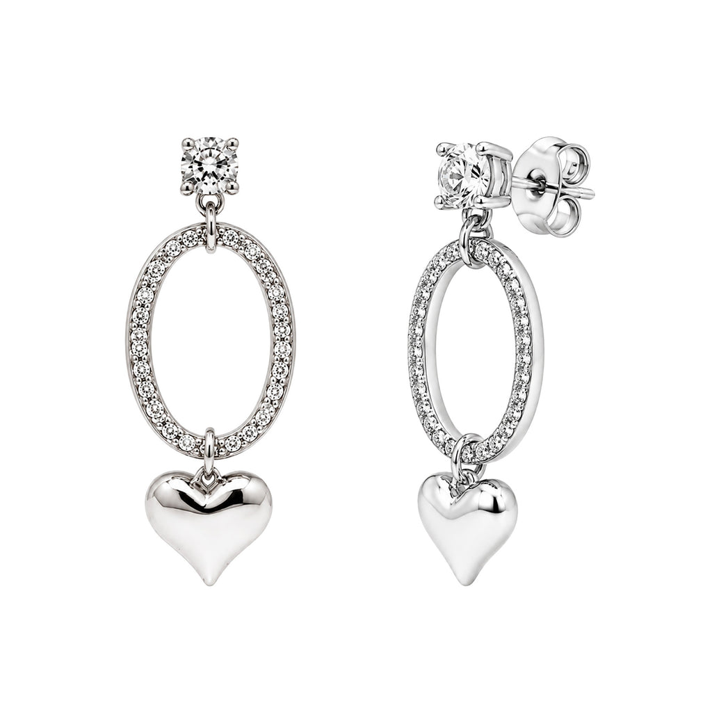 Aretes Corazones Lisos con Circonias Latido de Plata, Plata .925 con Baño de Rodio