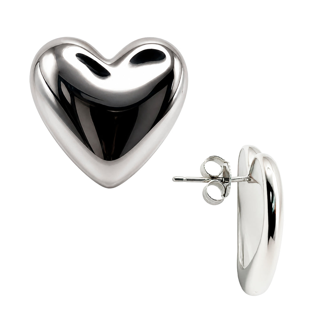 Aretes Maxi Corazones Lisos Latido de Plata, Plata .925 con Baño de Rodio