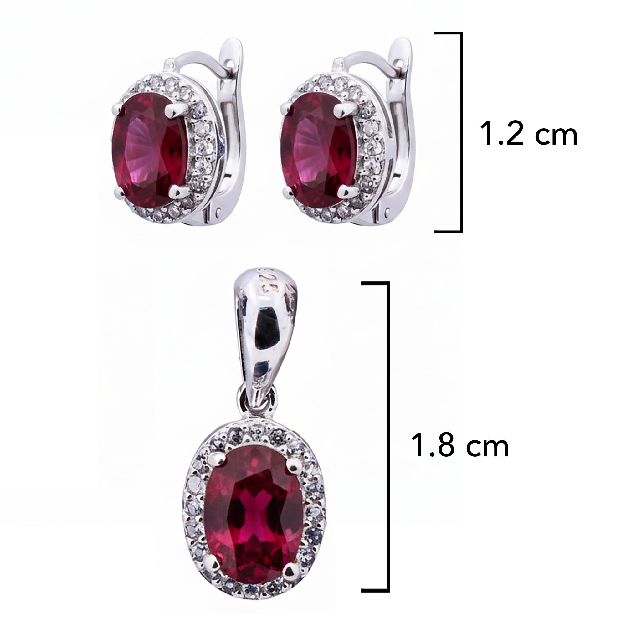 Juego Piedras Preciosas Rubí Aretes y Dije Ovalados, Plata .925 con Baño de Rodio