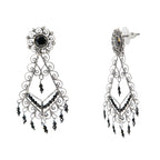 Aretes Filigrana Rombo 6 cm Flor Circonia y Piedra Onix Hecho a Mano Plata .925 Oxidada