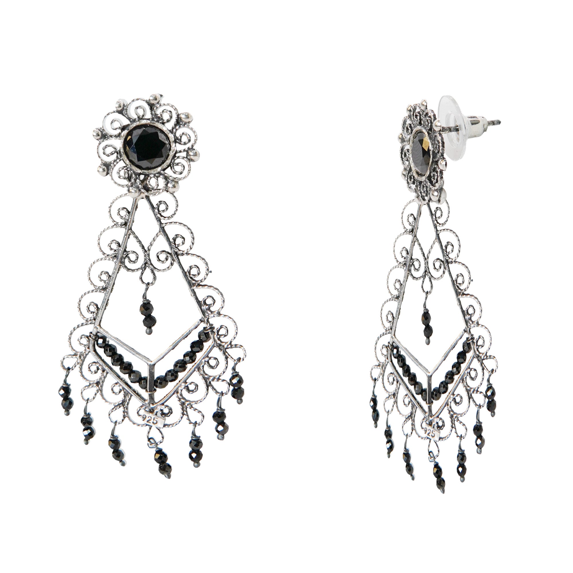 Aretes Filigrana Rombo 6 cm Flor Circonia y Piedra Onix Hecho a Mano Plata .925 Oxidada