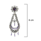 Aretes Filigrana Gota Larga 6 cm con Flor de Circonia y Amatista Hecho a Mano Plata .925 Oxidada