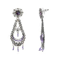 Aretes Filigrana Gota Larga 6 cm con Flor de Circonia y Amatista Hecho a Mano Plata .925 Oxidada