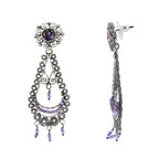 Aretes Filigrana Gota Larga 6 cm con Flor de Circonia y Amatista Hecho a Mano Plata .925 Oxidada